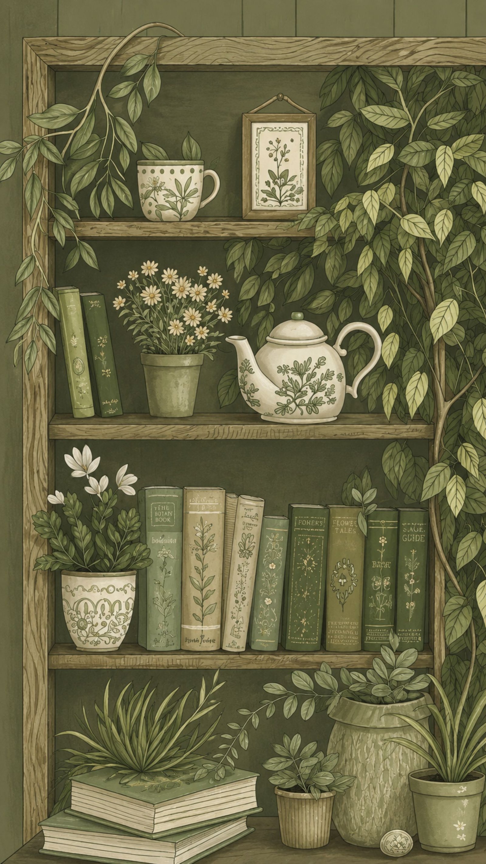 Sage Green Cottagecore Bookshelf Wallpaper HD | Vintage Botanical Aesthetic Phone Background